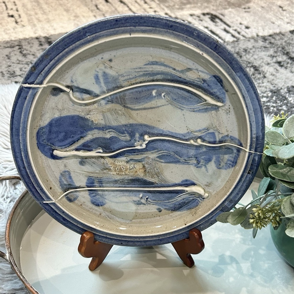 Vintage 9" Studio Art Pottery Blue-White-Grey Drip Paint Stoneware Plate